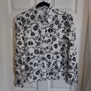 SHEIN Black & White Skull Rose Button-Up Shirt